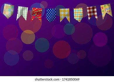 festa junina backdrop with flags and dark background with bright lights