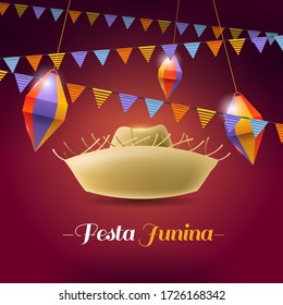 Festa Junina background with decorations and hat
