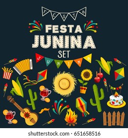 Festa junina background with decorative frame consisting of traditional celebration symbols flat vector illustration