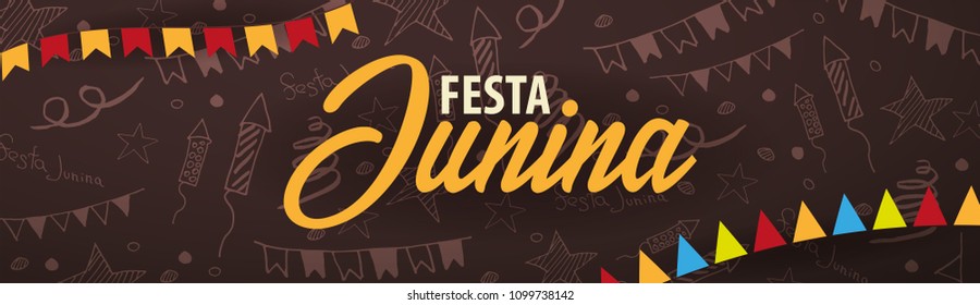 Festa Junina background with hand draw doodle elements and party flags. Brazil or Latin American holiday. Vector illustration