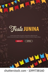Festa Junina background with hand draw doodle elements and party flags. Brazil or Latin American holiday. Vector illustration