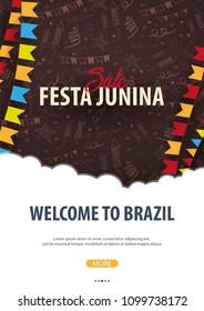 Festa Junina background with hand draw doodle elements and party flags. Brazil or Latin American holiday. Vector illustration