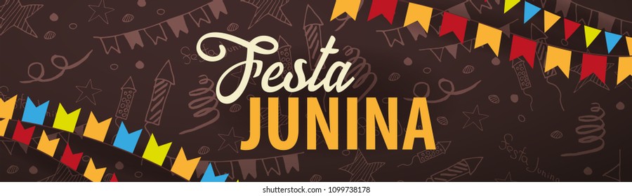 Festa Junina background with hand draw doodle elements and party flags. Brazil or Latin American holiday. Vector illustration