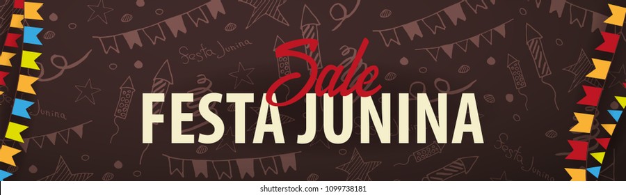 Festa Junina background with hand draw doodle elements and party flags. Brazil or Latin American holiday. Vector illustration