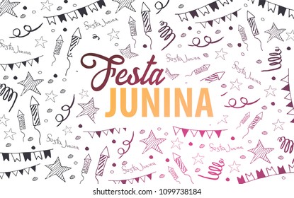 Festa Junina background with hand draw doodle elements. Brazil or Latin American holiday. Vector illustration