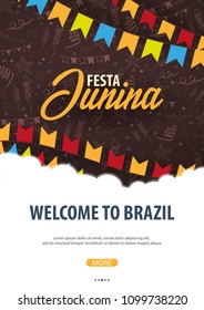 Festa Junina background with hand draw doodle elements and party flags. Brazil or Latin American holiday. Vector illustration