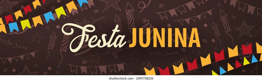 Festa Junina background with hand draw doodle elements and party flags. Brazil or Latin American holiday. Vector illustration