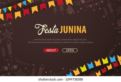 Festa Junina background with hand draw doodle elements and party flags. Brazil or Latin American holiday. Vector illustration