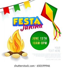 Festa junina background with paper bonfire, sky lanterns and flags, Latin American holiday, Brazil Festival