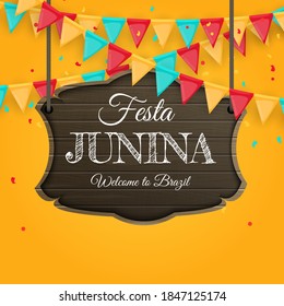 Festa Junina Background with Party Flags. Brazil June Festival  Background for Greeting Card, Invitation on Holiday. Vector Illustration EPS10