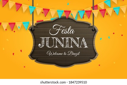 Festa Junina Background with Party Flags. Brazil June Festival  Background for Greeting Card, Invitation on Holiday. Vector Illustration EPS10