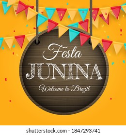 Festa Junina Background with Party Flags. Brazil June Festival  Background for Greeting Card, Invitation on Holiday. Vector Illustration EPS10