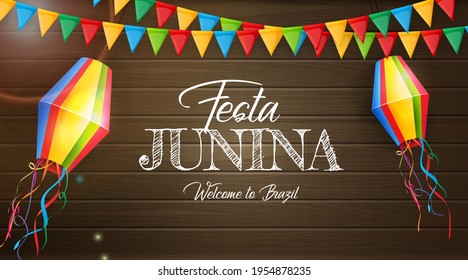 Festa Junina Background with Party Flags, Lantern. Brazil June Festival  Background for Greeting Card, Invitation on Holiday. Vector Illustration EPS10