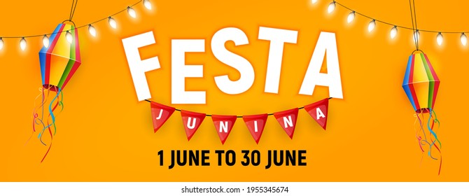 Festa Junina Background with Party Flags, Lantern. Brazil June Festival  Background for Greeting Card, Invitation on Holiday. Vector Illustration EPS10