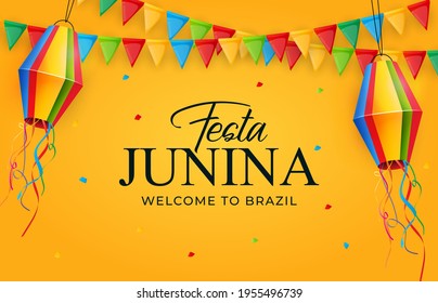 Festa Junina Background with Party Flags, Lantern. Brazil June Festival  Background for Greeting Card, Invitation on Holiday. Vector Illustration EPS10