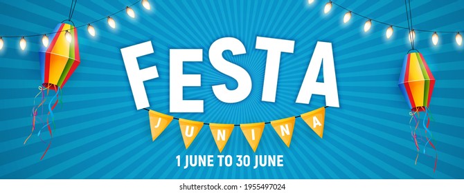 Festa Junina Background with Party Flags, Lantern. Brazil June Festival  Background for Greeting Card, Invitation on Holiday. Vector Illustration EPS10