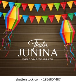 Festa Junina Hintergrund mit Partyfahnen, Laterne. Brasilien Juni Festival Hintergrund für Grußkarte, Einladung zum Urlaub. Vektorgrafik EPS10