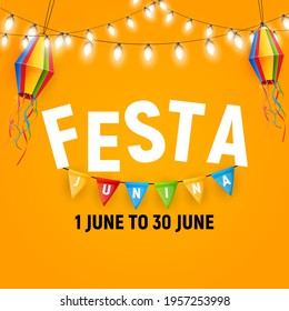 Festa Junina Background with Party Flags, Lantern. Brazil June Festival  Background for Greeting Card, Invitation on Holiday. Vector Illustration EPS10