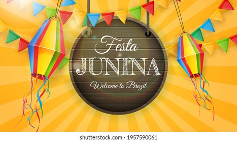 Festa Junina Background with Party Flags, Lantern. Brazil June Festival  Background for Greeting Card, Invitation on Holiday. Vector Illustration EPS10