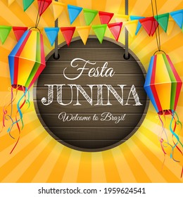 Festa Junina Background with Party Flags, Lantern. Brazil June Festival  Background for Greeting Card, Invitation on Holiday. Vector Illustration EPS10