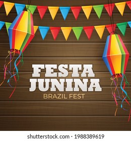 Festa Junina Background with Party Flags, Lantern. Brazil June Festival  Background for Greeting Card, Invitation on Holiday. Vector Illustration EPS10