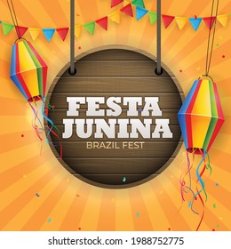 Festa Junina Background with Party Flags, Lantern. Brazil June Festival  Background for Greeting Card, Invitation on Holiday. Vector Illustration EPS10
