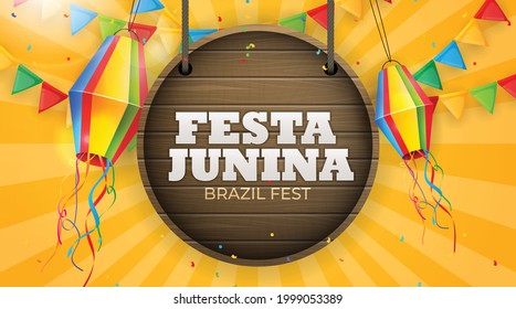 Festa Junina Background with Party Flags, Lantern. Brazil June Festival  Background for Greeting Card, Invitation on Holiday. Vector Illustration EPS10