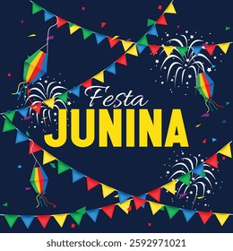 Festa Junina background with Party Flags and firework