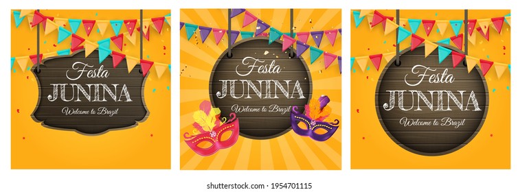 Festa Junina Background set with Party Flags. Brazil June Festival  Background for Greeting Card, Invitation on Holiday. Vector Illustration EPS10