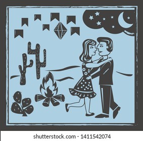 Festa Junina background vector. Cute couple dancing.Traditional Brazilian woodcut style illustration. 