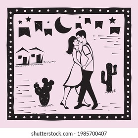 Festa Junina background vector. Cute couple dancing.Traditional Brazilian woodcut style illustration.