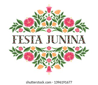 Festa Junina background vector. Festival banner for Brazilian holiday party. Festa de Sao Joao illustration. Flowers summer pattern design with festive typography. 