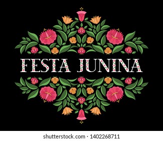 Festa Junina background vector. Festival banner for Brazilian holiday party. Festa de Sao Joao illustration. Floral summer pattern design with flowers text.