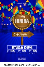 "Festa Junina" background with wooden sign board, colorful lanterns and pennants. June brazilian festival poster