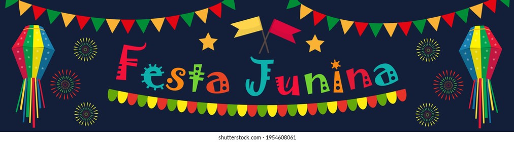 Festa Junina banner. Brazilian Latin American festival template for your design festive bunting flags, paper lantern. Vector illustration