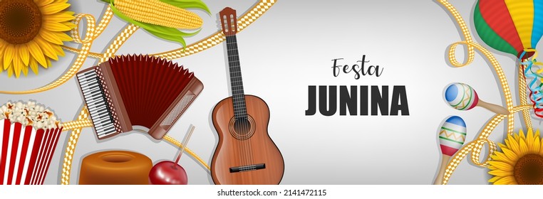 "festa junina" banner with brazilian traditional elements. june brazilian festival banner