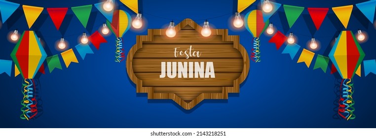 "festa junina" banner with colorful pennants and lanterns. june brazilian festival benner
