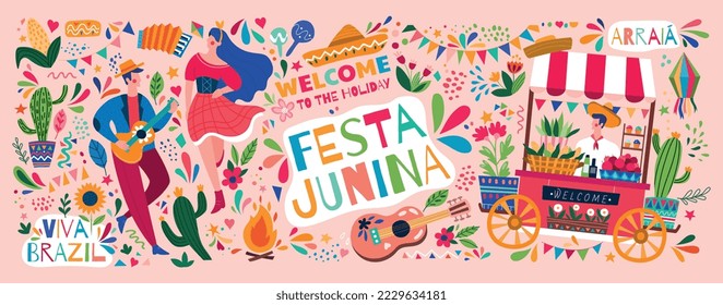 Festa junina banner. Culture and traditions, holiday or festival. Silhouettes of man with guitar and girl in traditional clothes next to flowers. Greeting card design. Cartoon flat vector illustration