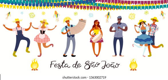 Festa Junina banner with dancing people, musicians, lanterns, Portuguese text Festa de Sao Joao. Isolated objects. Hand drawn vector illustration. Flat style design. Concept for holiday poster, flyer.