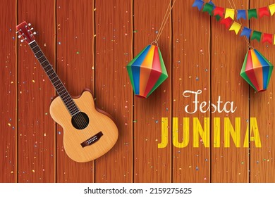 festa junina banner design with wooden background 