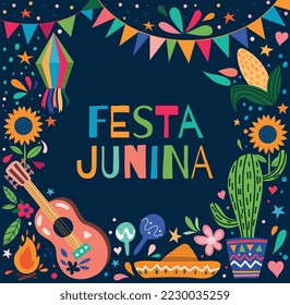 Festa Junina banner. Greeting or invitation postcard design. Latin American traditions and culture. Guitar, cactus and sunflower, sombrero hat. Poster or cover. Cartoon flat vector illustration