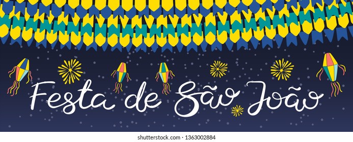 Festa Junina banner with lanterns, bunting, fireworks, Portuguese text Festa de Sao Joao, on dark background. Hand drawn vector illustration. Flat style design. Concept for holiday poster, flyer.