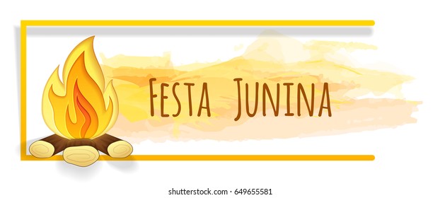 Festa junina banner with watercolor background and paper bonfire, latin American holiday, Brazil festival