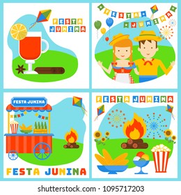 Festa junina banners set. Flat vector cartoon illustration. Objects isolated on a white background.