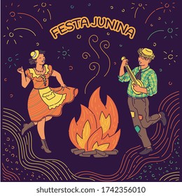 Festa Junina bonfire dance poster with cartoon Brazilian people dancing around fire for June month holiday party in traditional caipira costumes. Vector illustration.