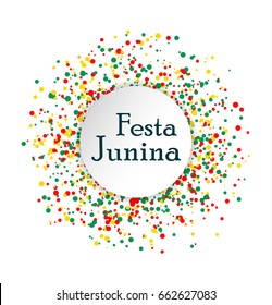 Festa Junina Brasil festival. Abstract pattern made of colored dots on white background. Red, yellow and green confetti for carnival backdrop, design element. Vector illustration