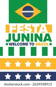 Festa Junina in Brazil. Brazilian festival. Happy holiday. Brazil flag. Carnival and parade. Summer fun party. Vector illustration