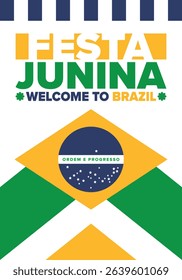 Festa Junina in Brazil. Brazilian festival. Happy holiday. Brazil flag. Carnival and parade. Summer fun party. Vector illustration