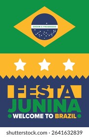 Festa Junina in Brazil. Brazilian festival. Happy holiday. Brazil flag. Carnival and parade. Summer fun party. Vector illustration
