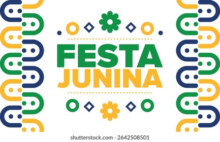 Festa Junina no Brasil. Festival brasileiro. Feliz feriado. Bandeira do Brasil. Carnaval e desfile. Festa divertida de verão. Ilustração vetorial